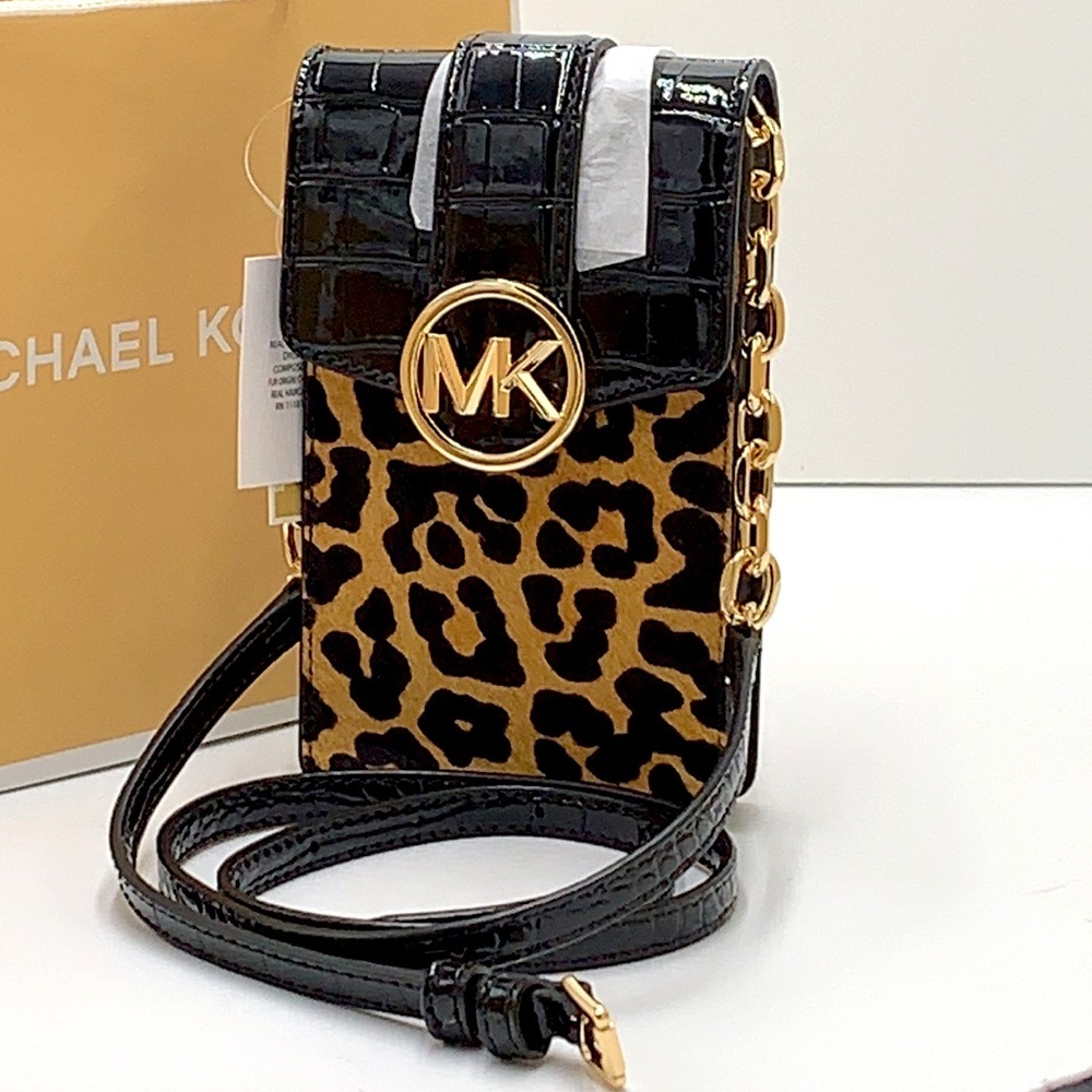 Michael Kors Carmen Leopard Print Logo Small Phone Case Xbody Bag BLACK COLOR